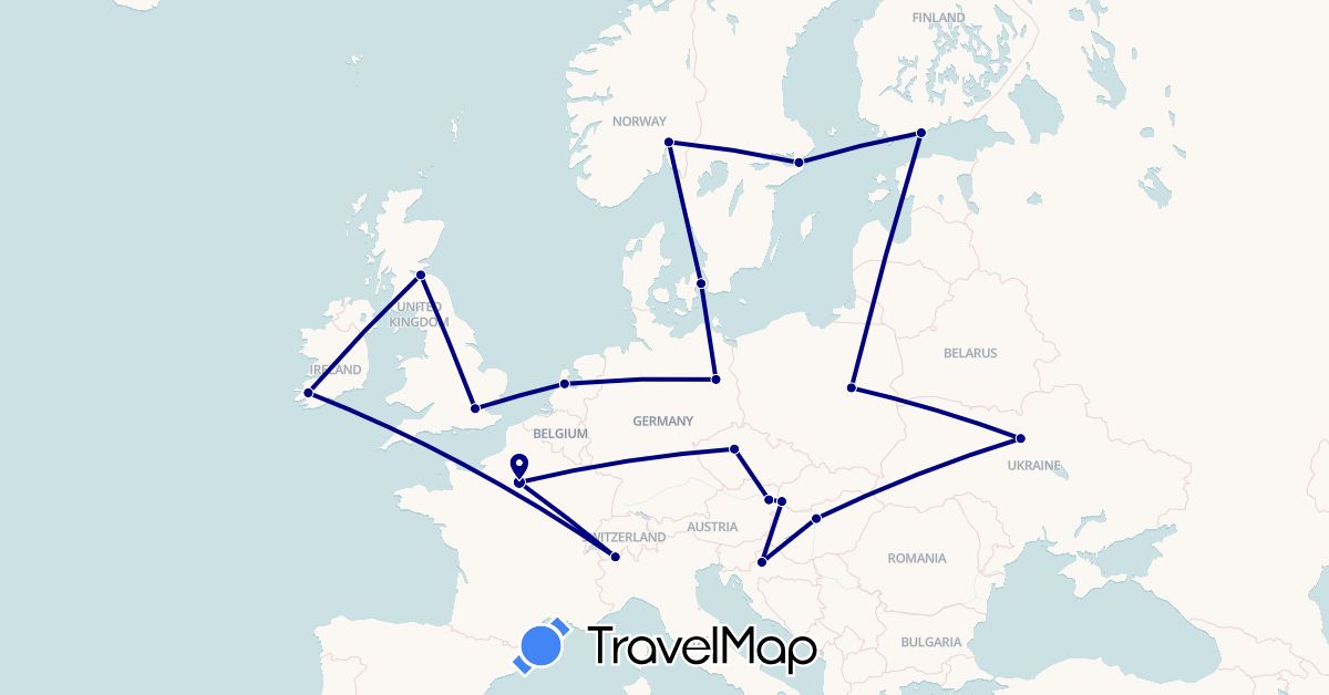 TravelMap itinerary: driving in Austria, Switzerland, Czech Republic, Germany, Denmark, Finland, France, United Kingdom, Croatia, Hungary, Ireland, Netherlands, Norway, Poland, Sweden, Slovakia, Ukraine (Europe)